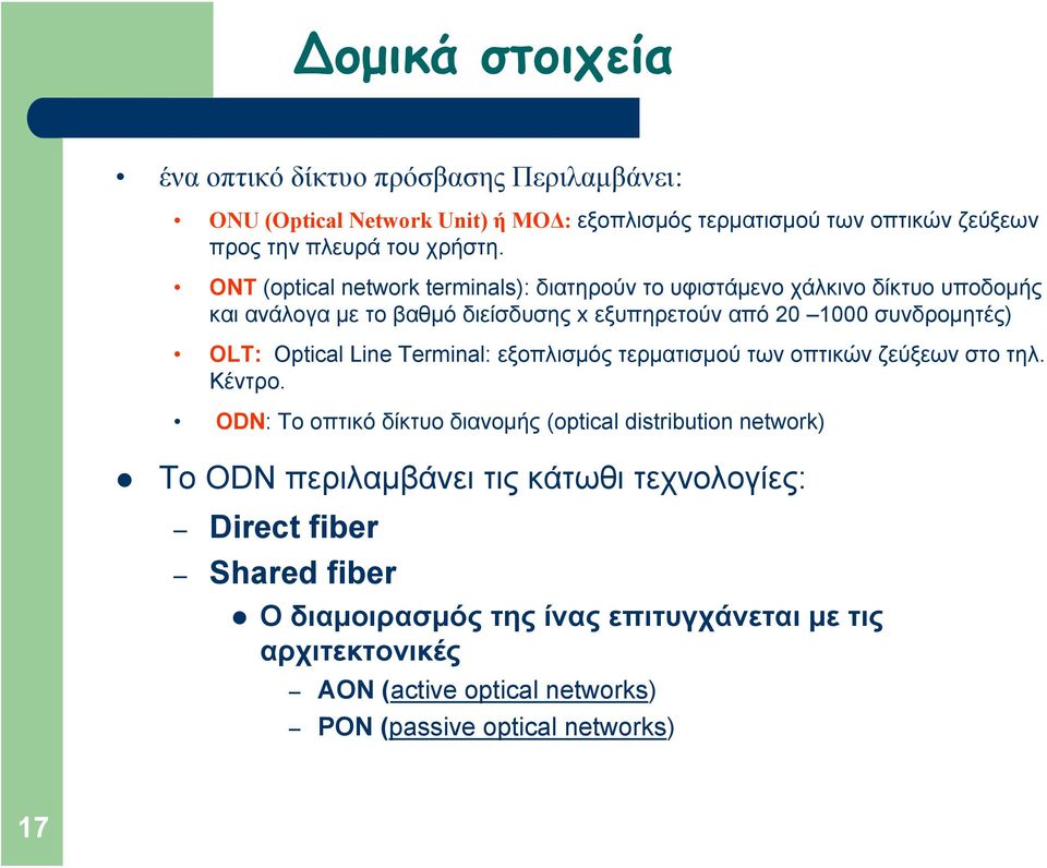 Optical Line Terminal: εξοπλισμός τερματισμού των οπτικών ζεύξεων στο τηλ. Κέντρο.