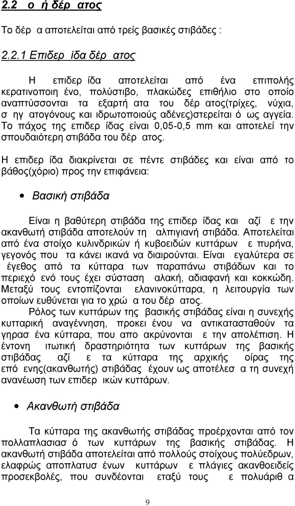 Το πάχος της επιδερμίδας είναι 0,05-0,5 mm και αποτελεί την σπουδαιότερη στιβάδα του δέρματος.