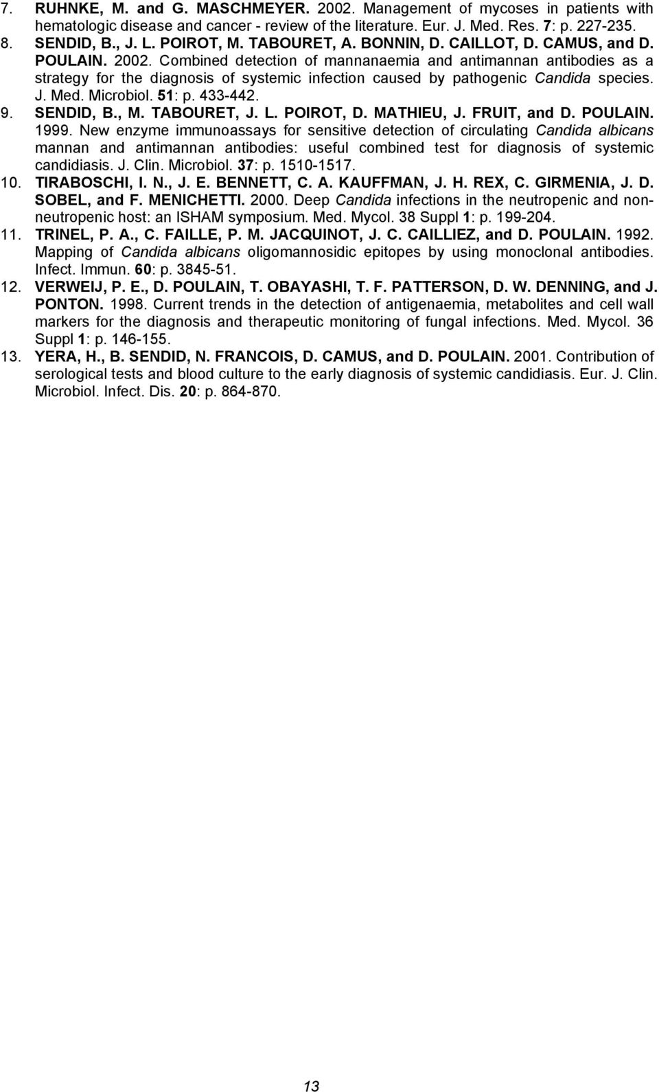 Combined detection of mannanaemia and antimannan antibodies as a strategy for the diagnosis of systemic infection caused by pathogenic Candida species. J. Med. Microbiol. 51: p. 433-442. 9. SENDID, B.