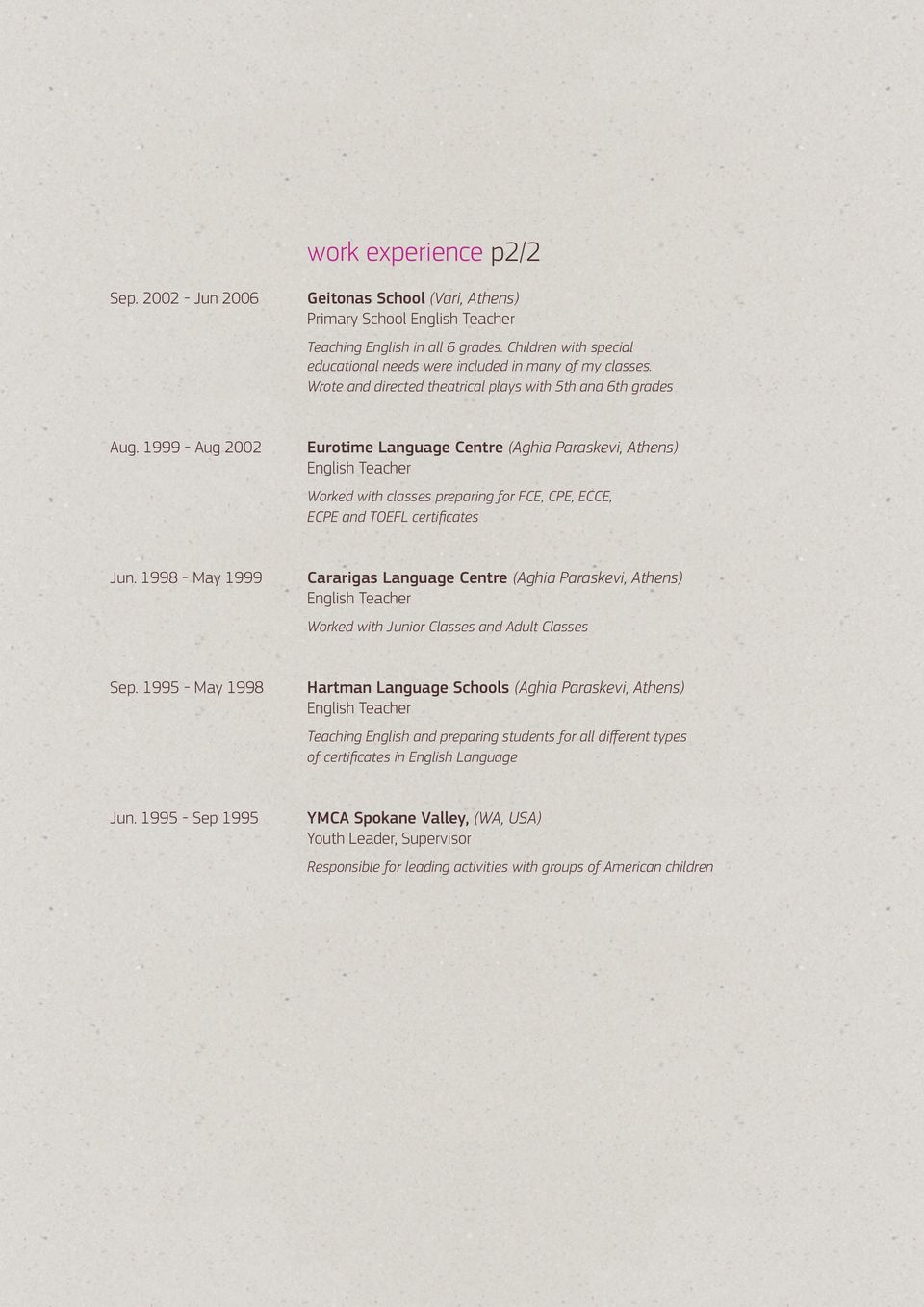 1999 - Aug 2002 Eurotime Language Centre (Aghia Paraskevi, Athens) English Teacher Worked with classes preparing for FCE, CPE, ECCE, ECPE and TOEFL certificates Jun.