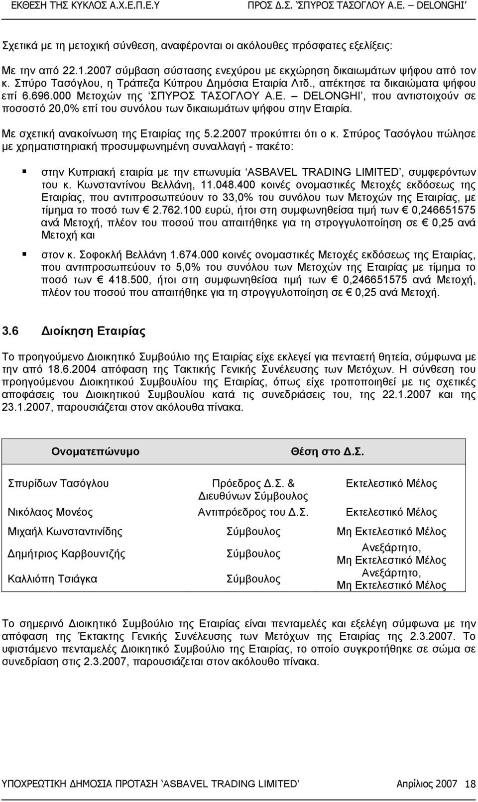 Με σχετική ανακοίνωση της Εταιρίας της 5.2.2007 προκύπτει ότι ο κ.