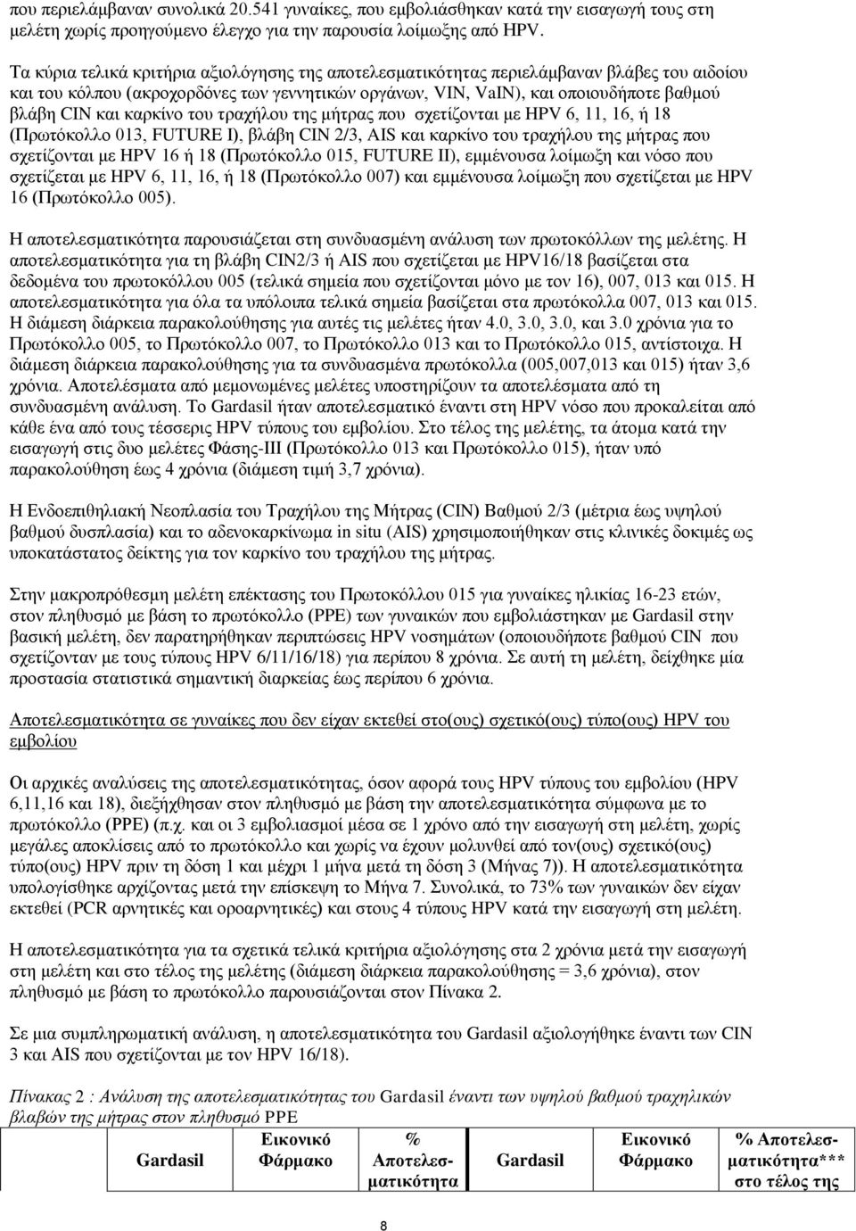 καρκίνο του τραχήλου της μήτρας που σχετίζονται με HPV 6, 11, 16, ή 18 (Πρωτόκολλο 013, FUTURE I), βλάβη CIN 2/3, AIS και καρκίνο του τραχήλου της μήτρας που σχετίζονται με HPV 16 ή 18 (Πρωτόκολλο