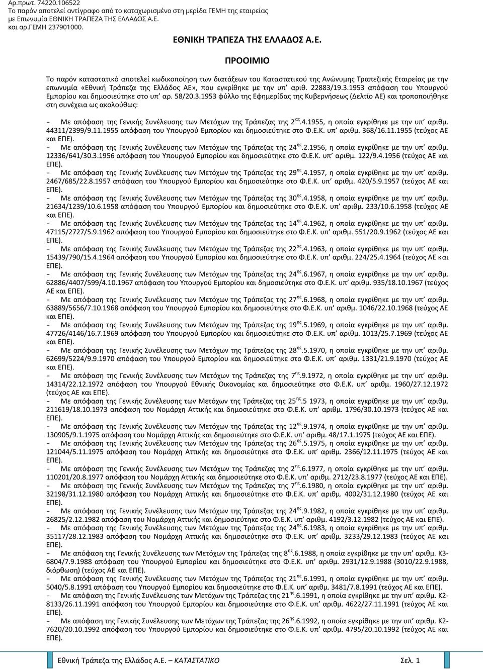 4.1955, η οποία εγκρίθηκε με την υπ αριθμ. 44311/2399/9.11.1955 απόφαση του Υπουργού Εμπορίου και δημοσιεύτηκε στο Φ.Ε.Κ. υπ αριθμ. 368/16.11.1955 (τεύχος ΑΕ και - Με απόφαση της Γενικής Συνέλευσης των Μετόχων της Τράπεζας της 24 ης.