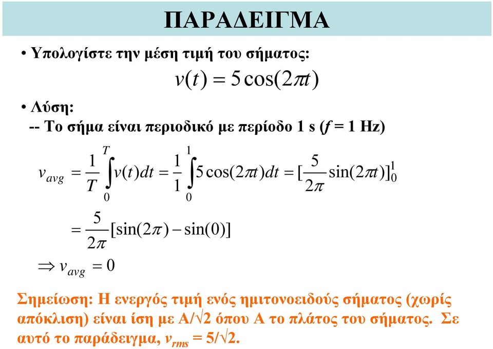 = = avg T v( t) = 5cos(2πt ) sin()] Σημείωση: Η ενεργός τιμή ενός ημιτονοειδούς σήματος