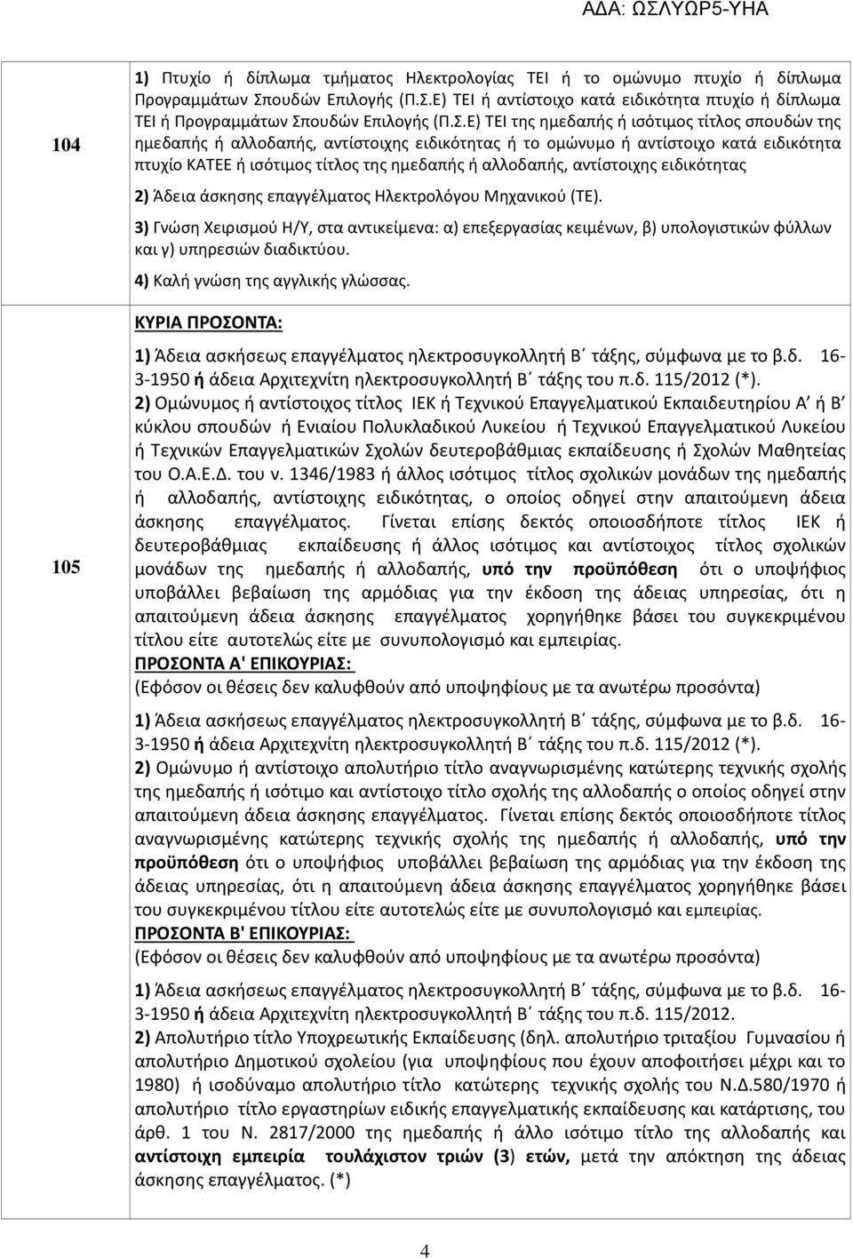 αντίστοιχης ειδικότητας 2) Άδεια άσκησης επαγγέλματος Ηλεκτρολόγου Μηχανικού (ΤΕ).