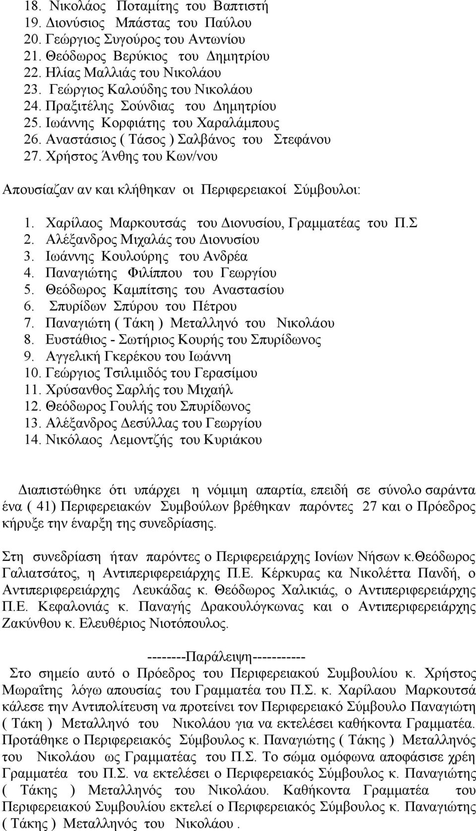 Χρήστος Άνθης του Κων/νου Απουσίαζαν αν και κλήθηκαν οι Περιφερειακοί Σύμβουλοι: 1. Χαρίλαος Μαρκουτσάς του Διονυσίου, Γραμματέας του Π.Σ 2. Αλέξανδρος Μιχαλάς του Διονυσίου 3.