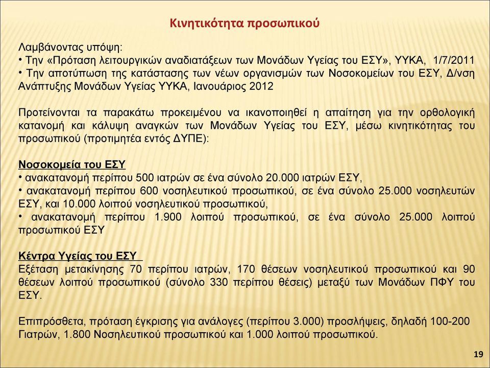 κινητικότητας του προσωπικού (προτιμητέα εντός ΔΥΠΕ): Νοσοκομεία του ΕΣΥ ανακατανομή περίπου 500 ιατρών σε ένα σύνολο 20.