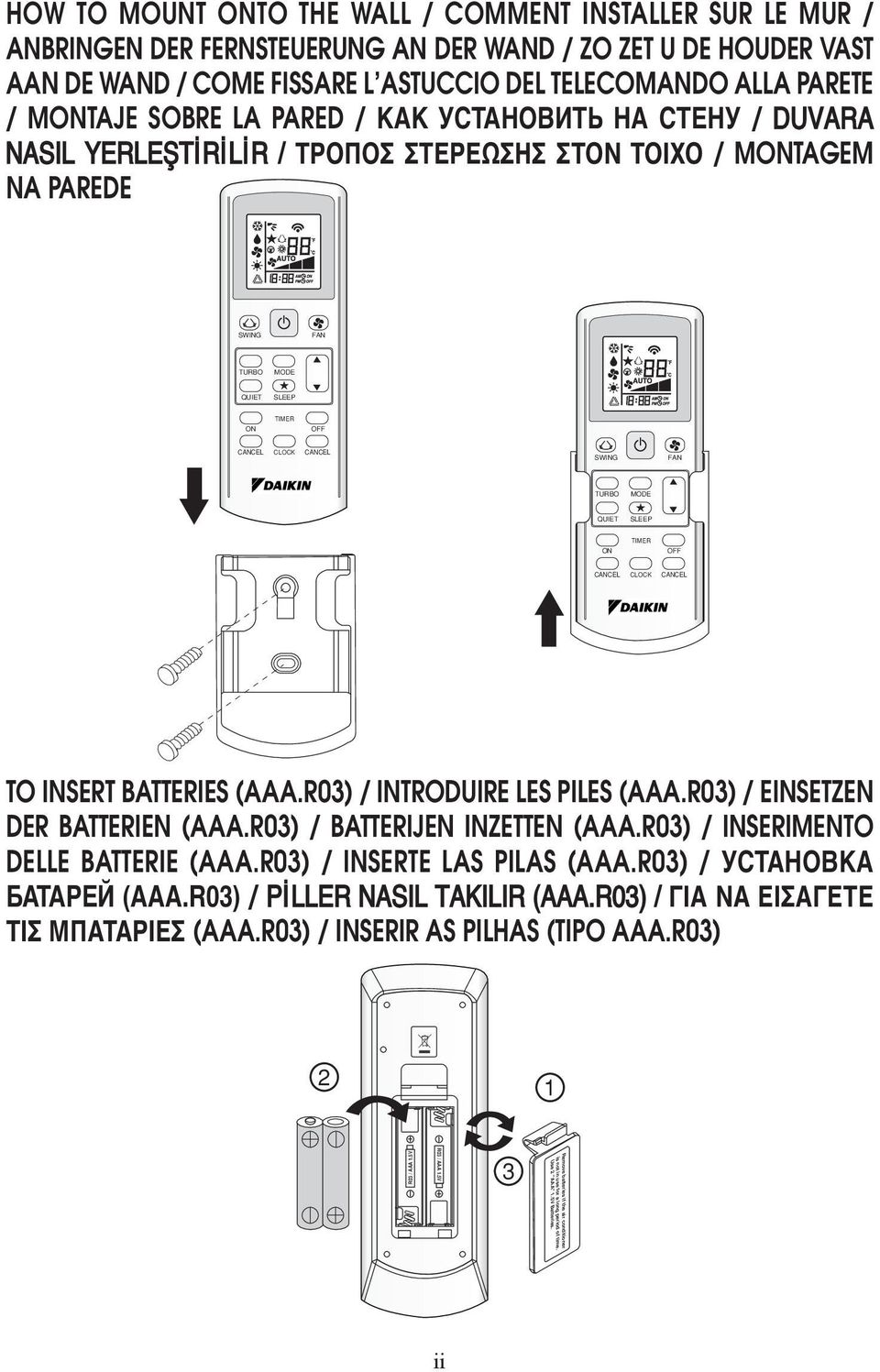 MODE QUIET SLEEP ON TIMER OFF CLOCK TO INSERT BATTERIES (AAA.R03) / INTRODUIRE LES PILES (AAA.R03) / EINSETZEN DER BATTERIEN (AAA.R03) / BATTERIJEN INZETTEN (AAA.