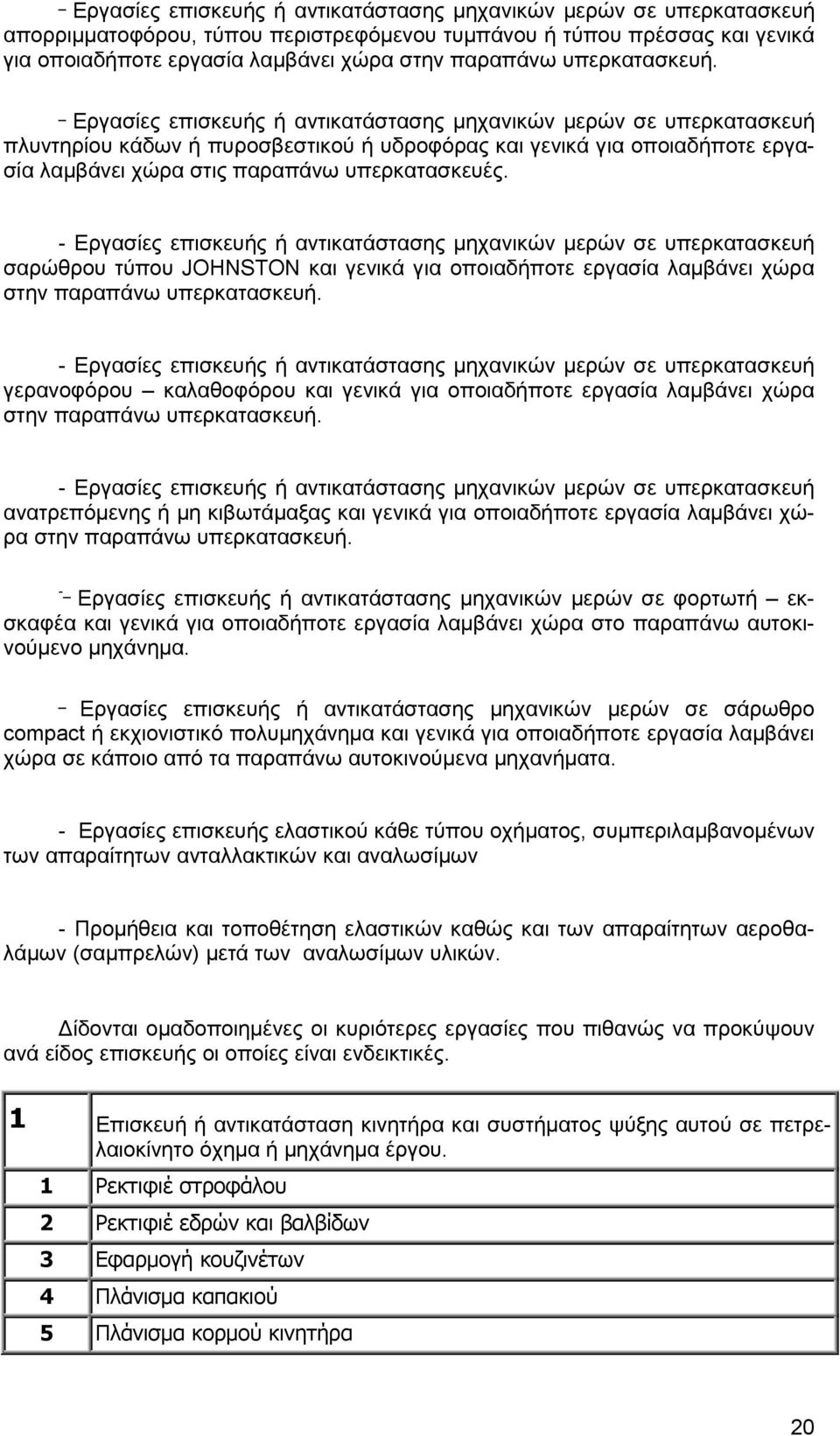 _ Εργασίες επισκευής ή αντικατάστασης μηχανικών μερών σε υπερκατασκευή πλυντηρίου κάδων ή πυροσβεστικού ή υδροφόρας και γενικά για οποιαδήποτε εργασία λαμβάνει χώρα στις παραπάνω υπερκατασκευές.