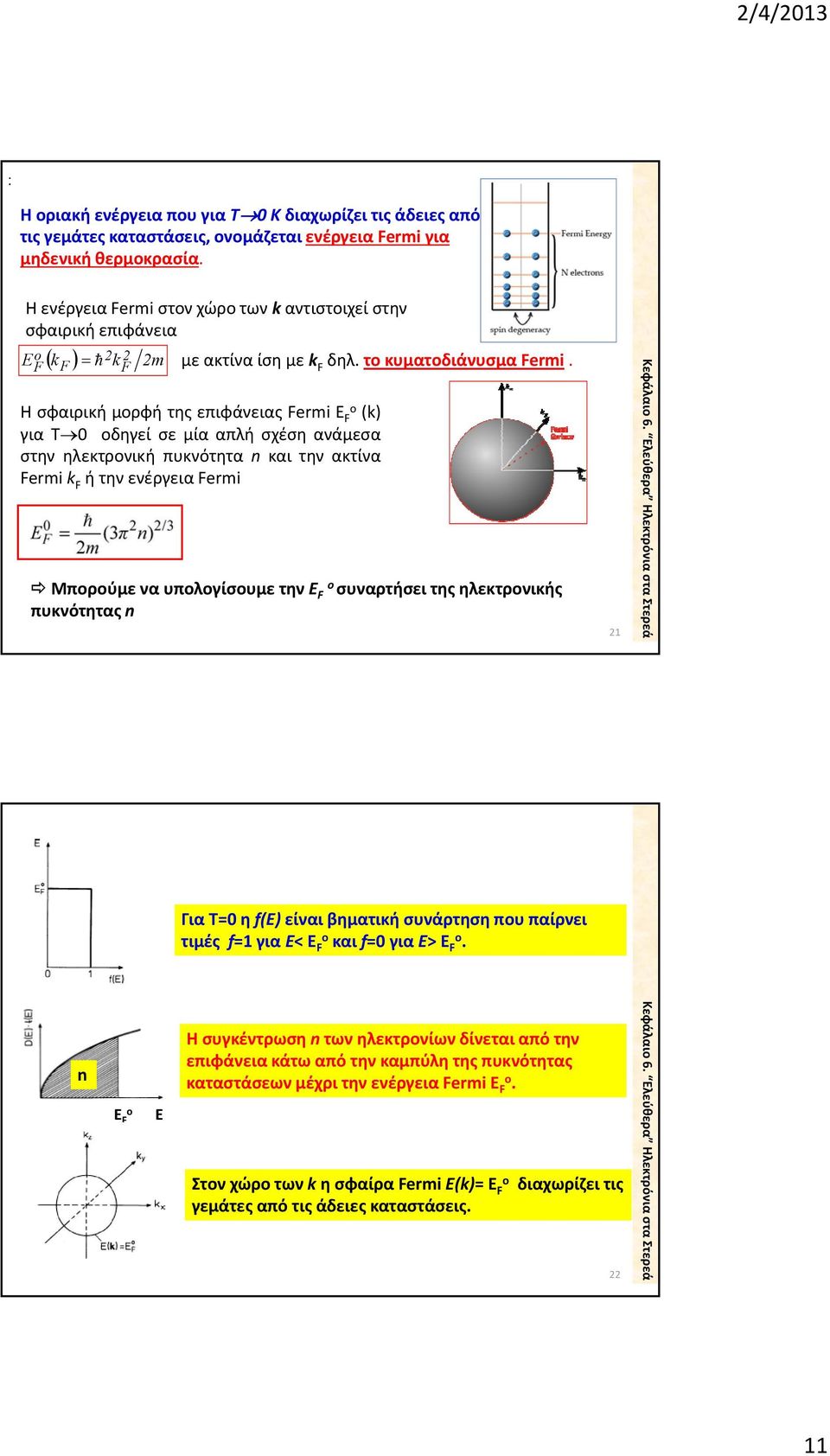 Η σφαιρική μορφή της επιφάνειας Fermi Ε Fo (k) για Τ0 οδηγεί σε μία απλή σχέση ανάμεσα στην ηλεκτρονική πυκνότητα n και την ακτίνα Fermi k F ή την ενέργεια Fermi Μπορούμε να υπολογίσουμε την E F ο