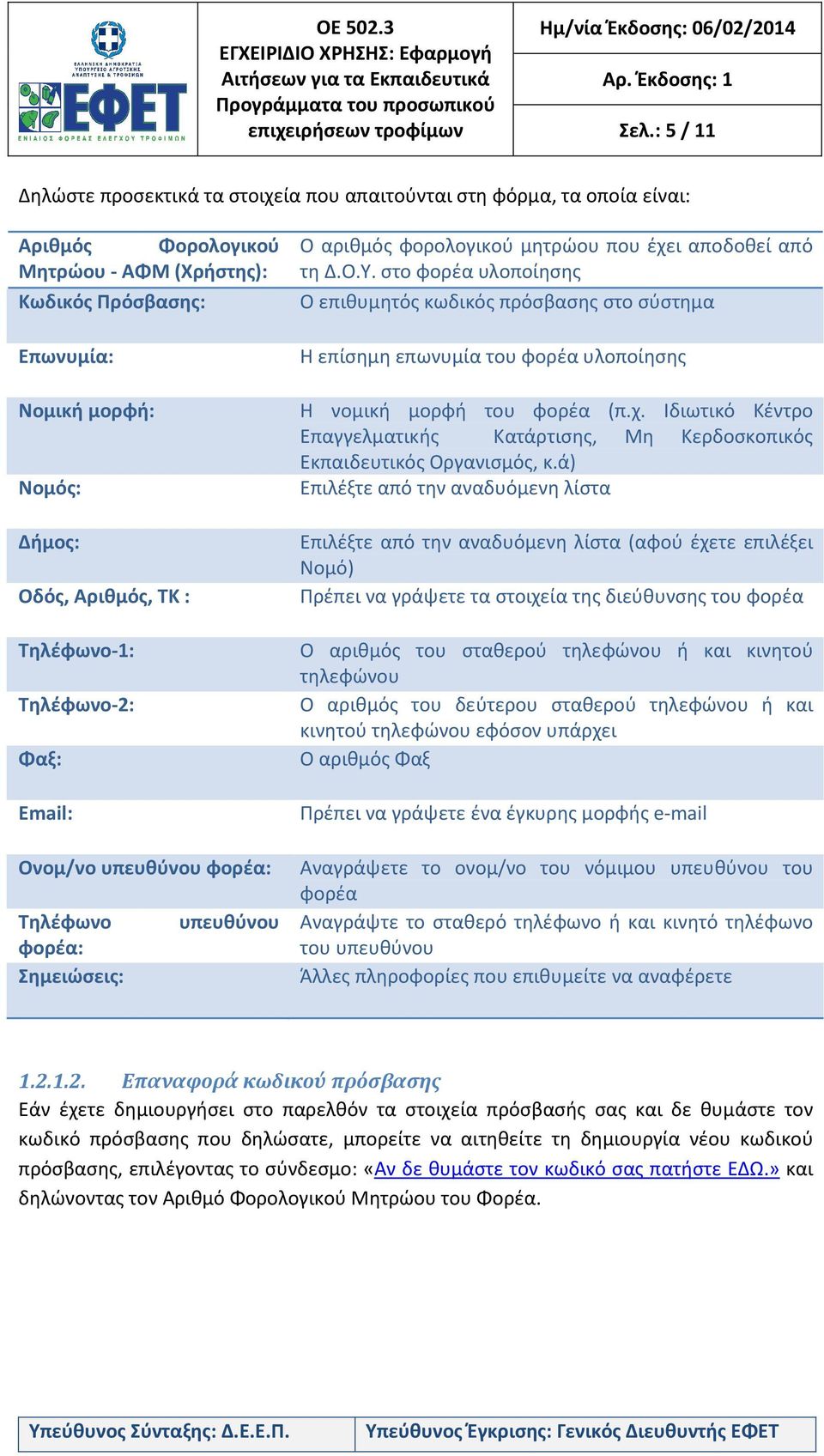 ΤΚ : Τηλέφωνο-1: Τηλέφωνο-2: Φαξ: Email: Ο αριθμός φορολογικού μητρώου που έχει αποδοθεί από τη Δ.Ο.Υ.