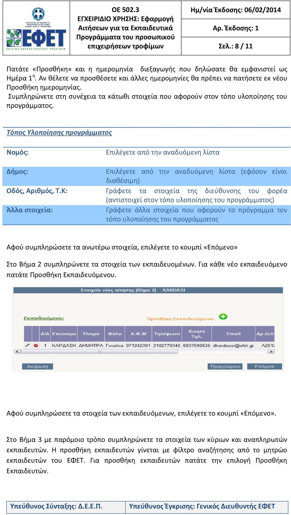 Τόπος Υλοποίησης προγράμματος Νομός: Δήμος: Οδός, Αριθμός, Τ.