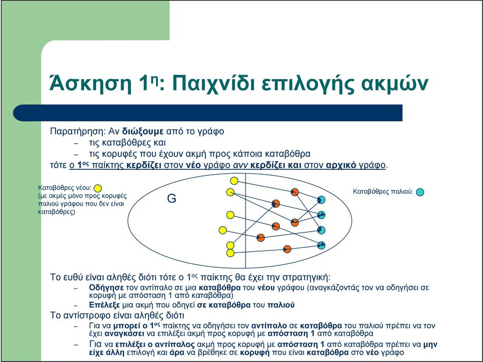 Καταβόθρες νέου: (με ακμές μόνο προς κορυφές παλιού γράφου που δεν είναι καταβόθρες) G Καταβόθρες παλιού: Το ευθύ είναι αληθές διότι τότε ο 1 ος παίκτης θα έχει την στρατηγική: Οδήγησε τον αντίπαλο