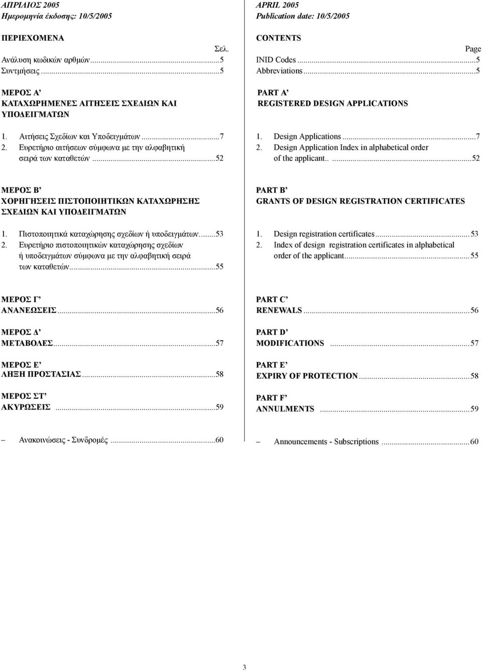 Design Applications...7 2. Design Application Index in alphabetical order of the applicant.....52 ΜΕΡΟΣ B ΧΟΡΗΓΗΣΕΙΣ ΠΙΣΤΟΠΟΙΗΤΙΚΩΝ ΚΑΤΑΧΩΡΗΣΗΣ ΣΧΕ ΙΩΝ ΚΑΙ ΥΠΟ ΕΙΓΜΑΤΩΝ 1.