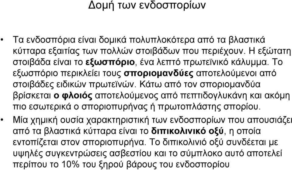 Κάτω από τον σποριομανδύα βρίσκεται ο φλοιός αποτελούμενος από πεπτιδογλυκάνη και ακόμη πιο εσωτερικά ο σποριοπυρήνας ή πρωτοπλάστης σπορίου.