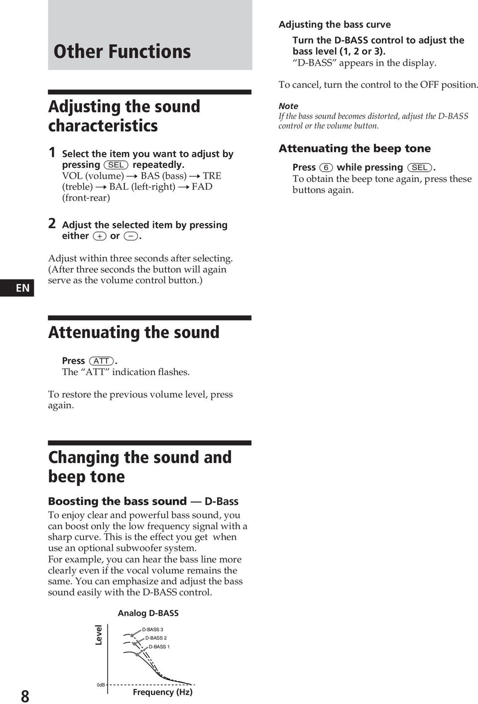 To cancel, turn the control to the OFF position. Note If the bass sound becomes distorted, adjust the D-BASS control or the volume button. Attenuating the beep tone Press (6) while pressing (SEL).