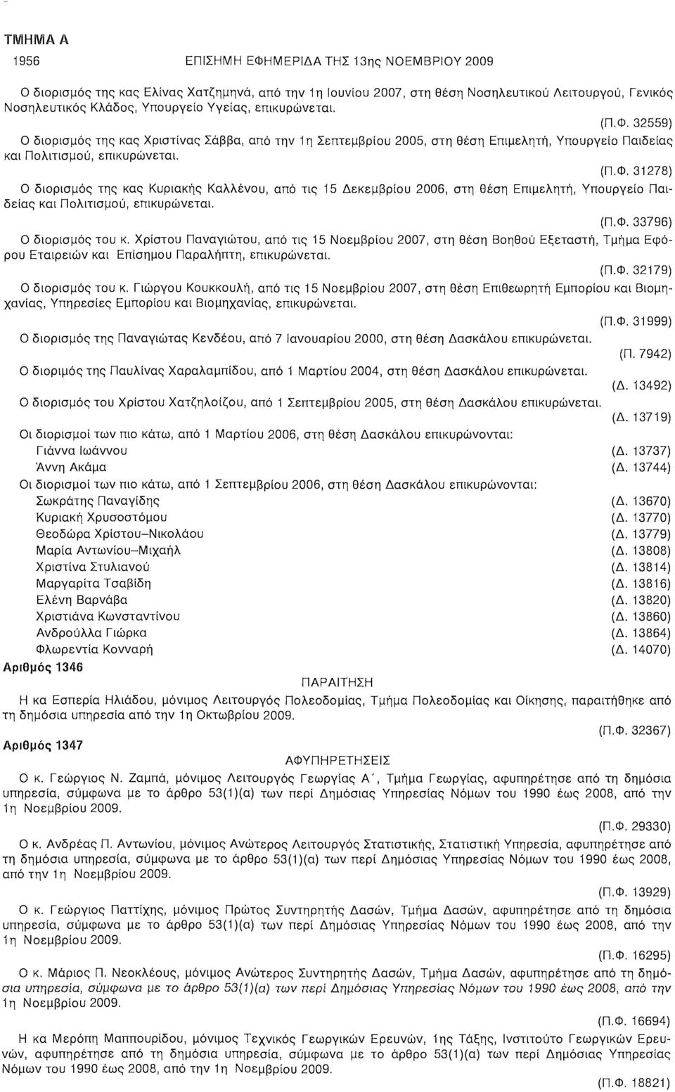 . 31278) Ο διορισμός της κας Κυριακής Καλλένου, από τις 15 Δεκεμβρίου 2006, στη θέση Επιμελητή, Υπουργείο Παιδείας και Πολιτισμού, επικυρώνεται.. 33796) Ο διορισμός του κ.