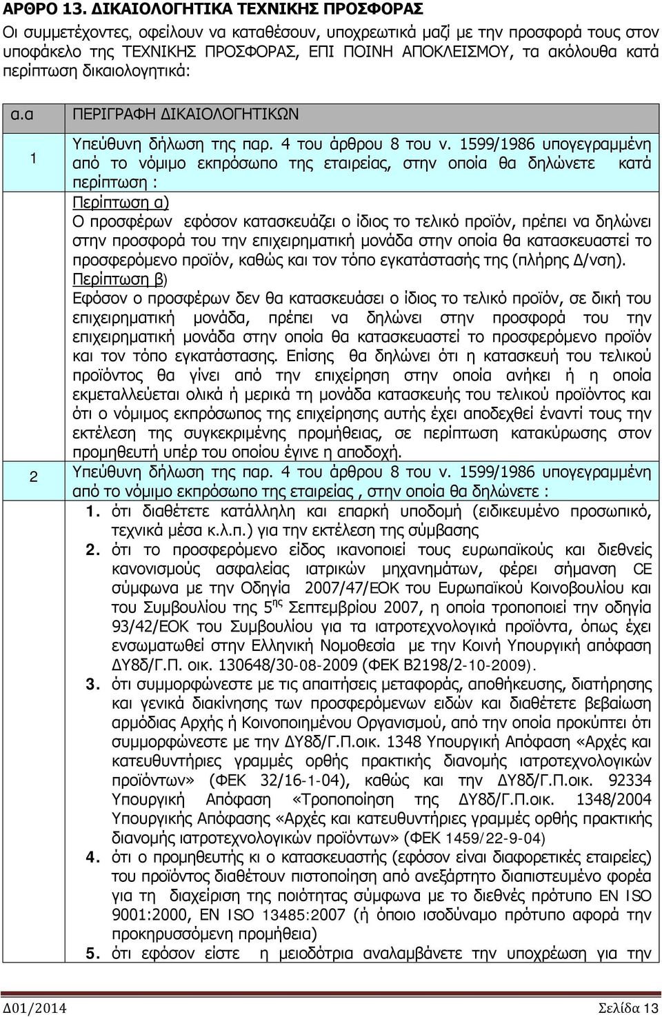 περίπτωση δικαιολογητικά: α.α ΠΕΡΙΓΡΑΦΗ ΔΙΚΑΙΟΛΟΓΗΤΙΚΩΝ Υπεύθυνη δήλωση της παρ. 4 του άρθρου 8 του ν.