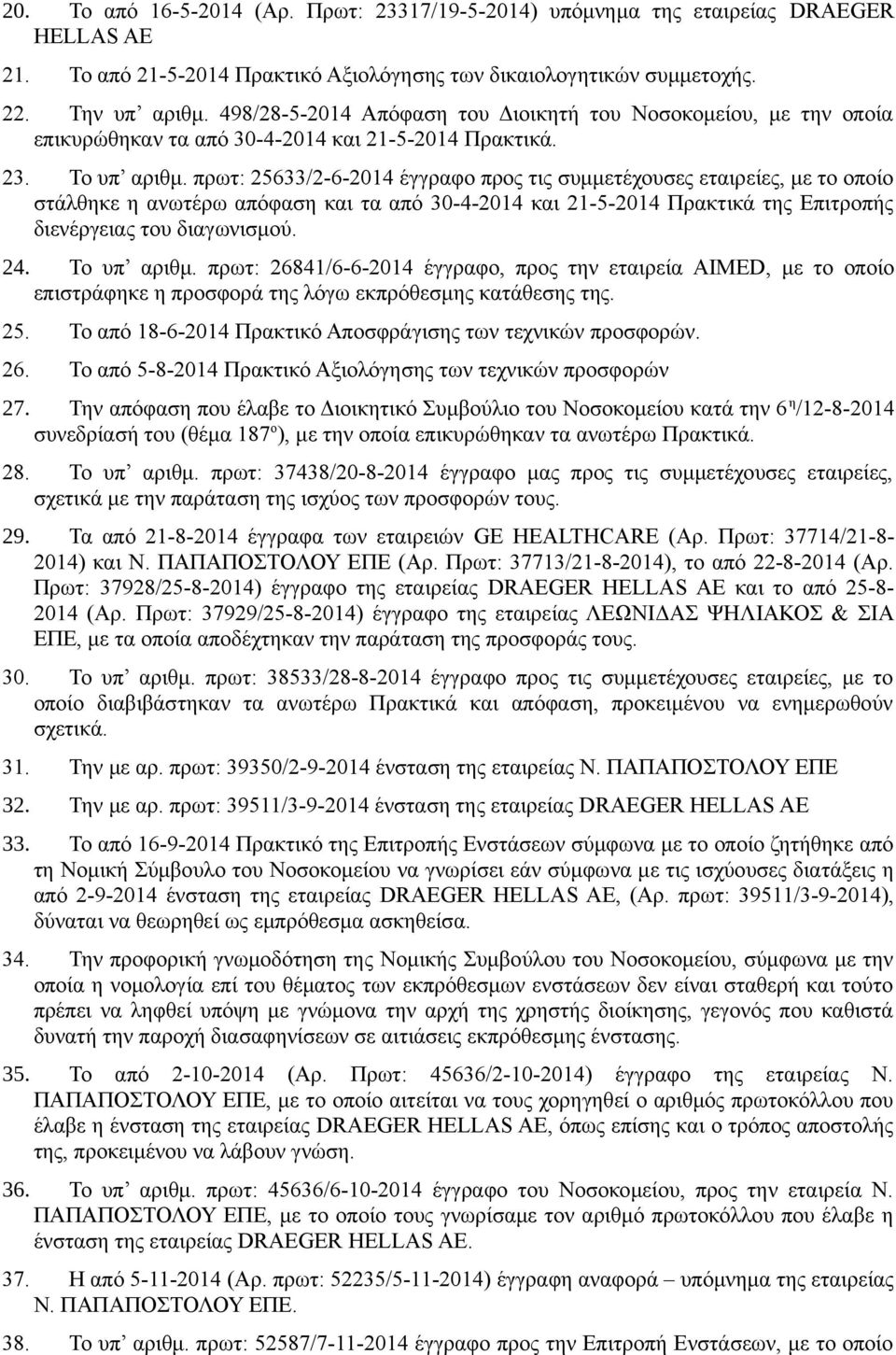 πρωτ: 25633/2-6-2014 έγγραφο προς τις συμμετέχουσες εταιρείες, με το οποίο στάλθηκε η ανωτέρω απόφαση και τα από 30-4-2014 και 21-5-2014 Πρακτικά της Επιτροπής διενέργειας του διαγωνισμού. 24.