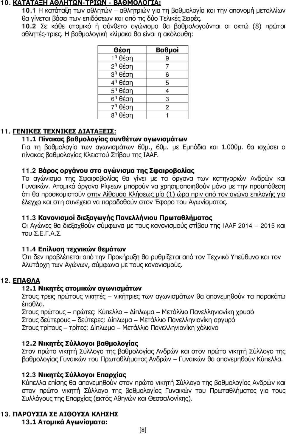 1 Πίνακας βαθμολογίας συνθέτων αγωνισμάτων Για τη βαθμολογία των αγωνισμάτων 60μ., 60μ. με Εμπόδια και 1.000μ. θα ισχύσει ο πίνακας βαθμολογίας Κλειστού Στίβου της IAAF. 11.