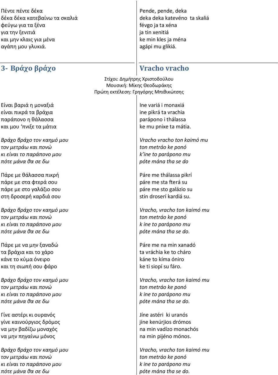 3- Βράχο βράχο Vracho vracho Στίχοι: Δημήτρης Χριστοδούλου Πρώτη εκτέλεση: Γρηγόρης Μπιθικώτσης Είναι βαριά η μοναξιά είναι πικρά τα βράχια παράπονο η θάλασσα και μου πνιξε τα μάτια Βράχο βράχο τον