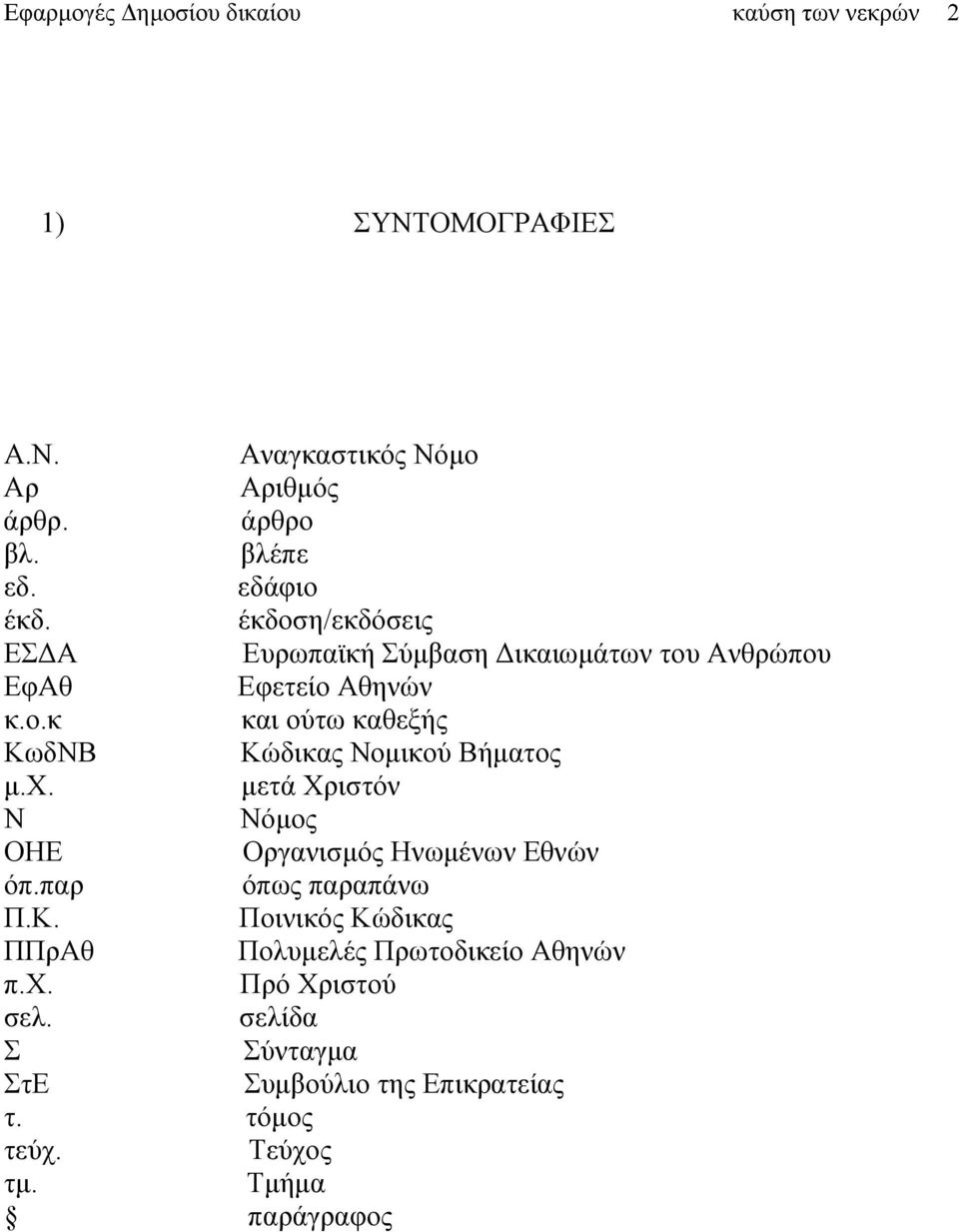 χ. μετά Χριστόν Ν Νόμος ΟΗΕ Οργανισμός Ηνωμένων Εθνών όπ.παρ όπως παραπάνω Π.Κ.