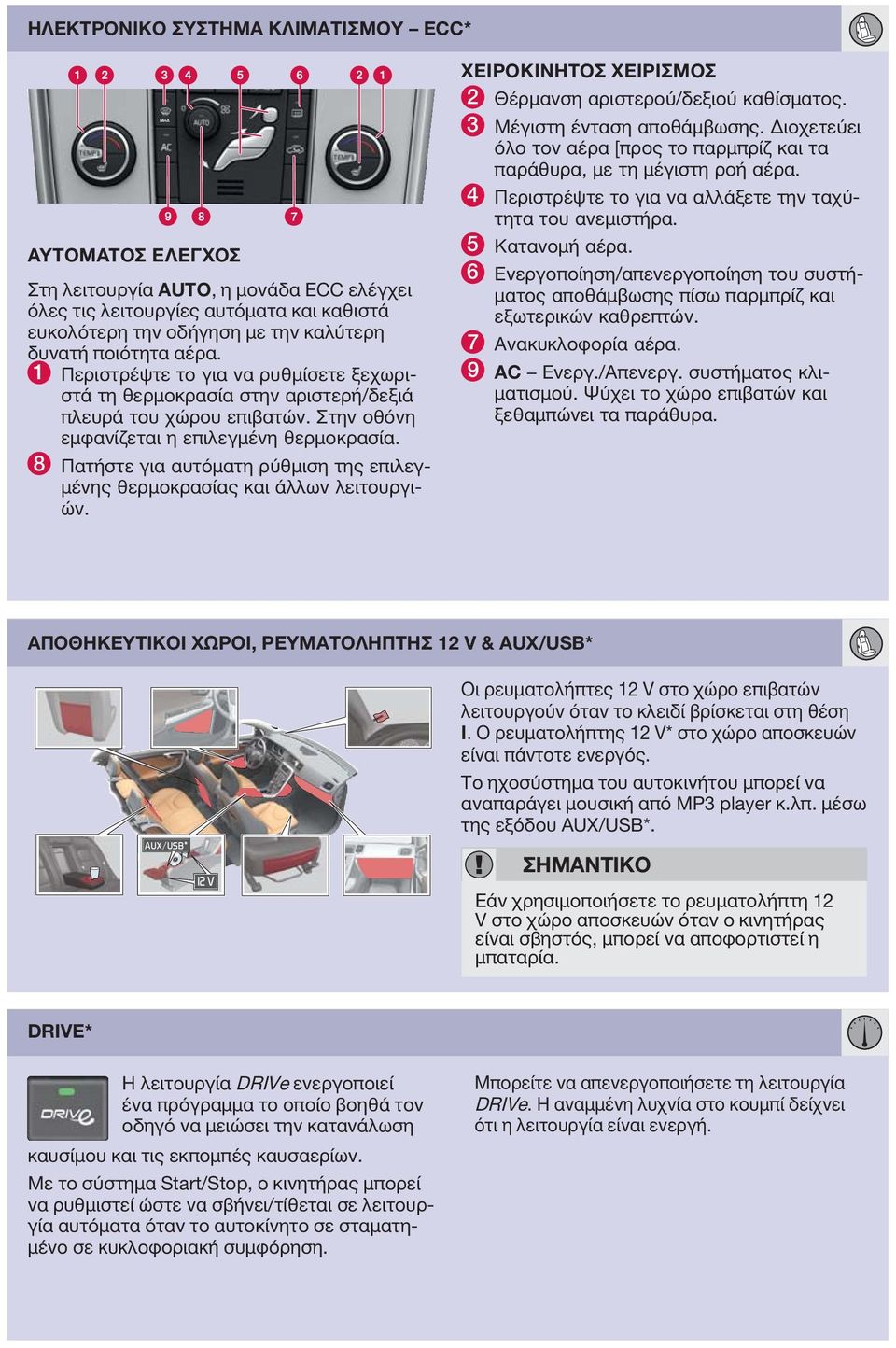 8 Πατήστε για αυτόματη ρύθμιση της επιλεγμένης θερμοκρασίας και άλλων λειτουργιών. ΧΕΙΡΟΚΙΝΗΤΟΣ ΧΕΙΡΙΣΜΟΣ 2 Θέρμανση αριστερού/δεξιού καθίσματος. 3 Μέγιστη ένταση αποθάμβωσης.