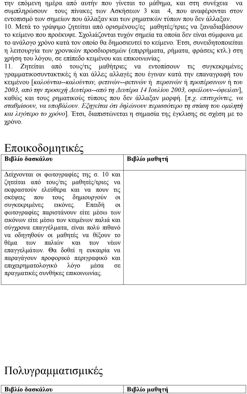 Σχολιάζονται τυχόν σημεία τα οποία δεν είναι σύμφωνα με το ανάλογο χρόνο κατά τον οποίο θα δημοσιευτεί το κείμενο.