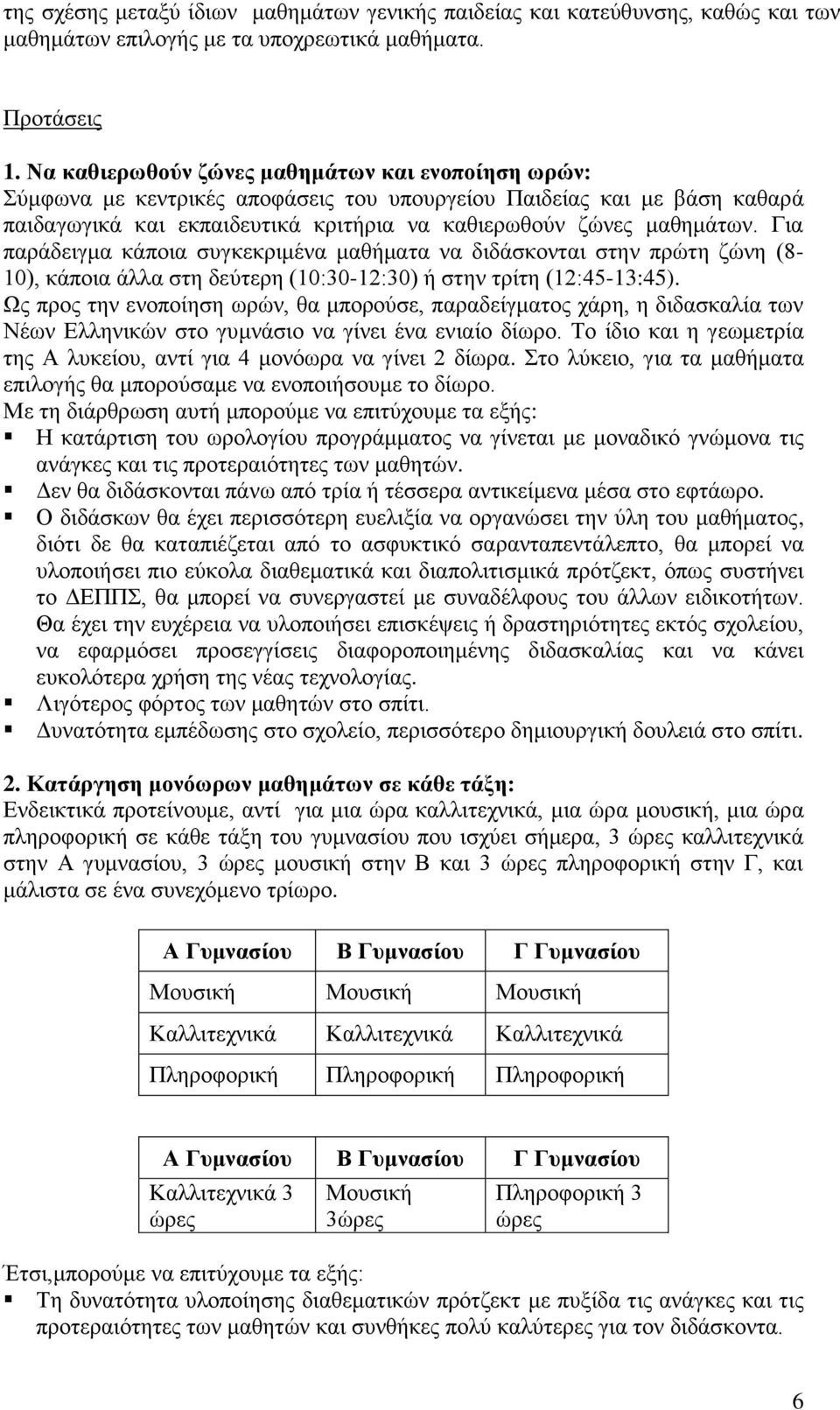 Για παράδειγμα κάποια συγκεκριμένα μαθήματα να διδάσκονται στην πρώτη ζώνη (8-10), κάποια άλλα στη δεύτερη (10:30-12:30) ή στην τρίτη (12:45-13:45).