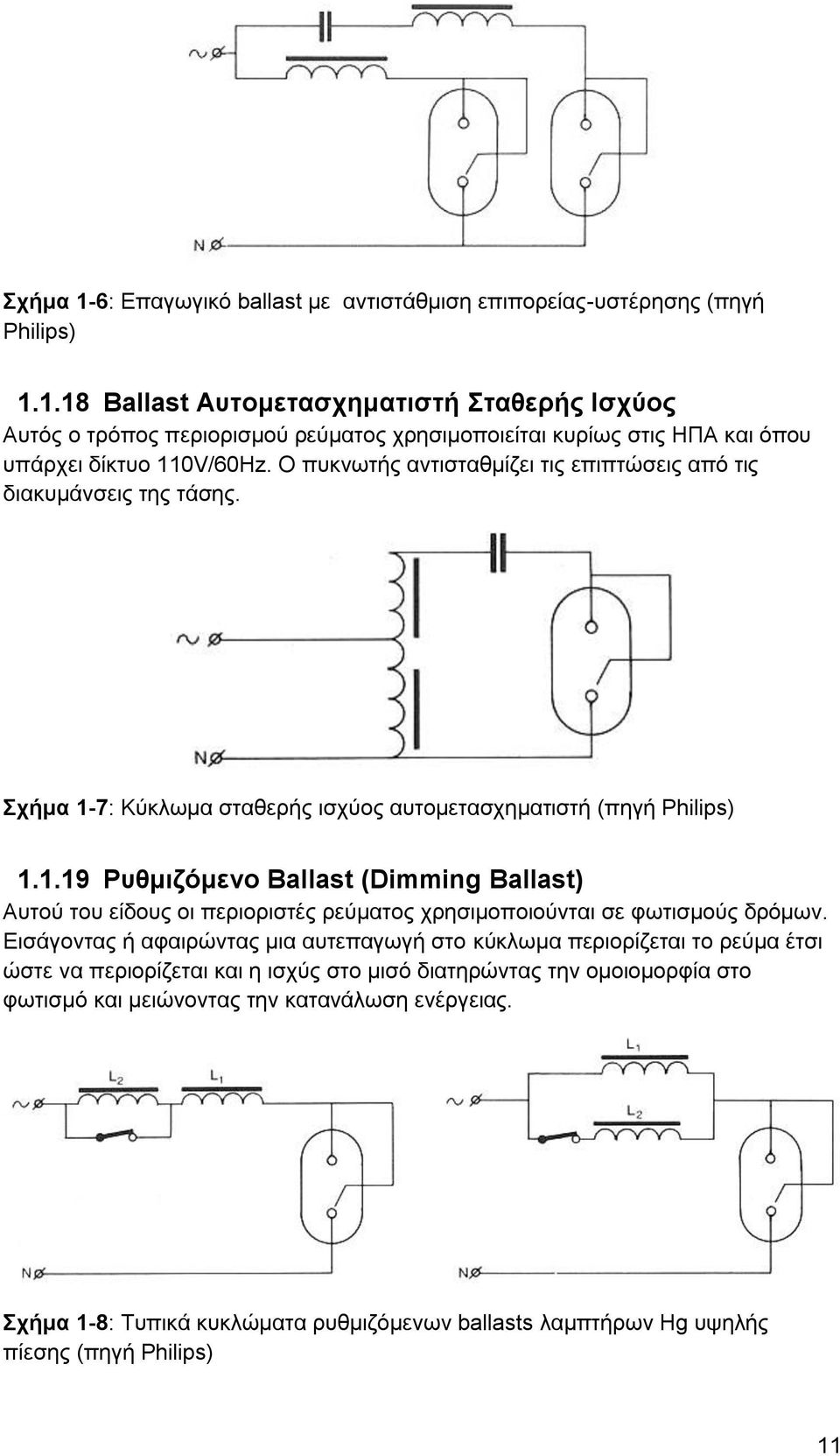 7: Κύκλωμα σταθερής ισχύος αυτομετασχηματιστή (πηγή Philis) 1.1.19 Ρυθμιζόμενο Ballast (Dimming Ballast) Αυτού του είδους οι περιοριστές ρεύματος χρησιμοποιούνται σε φωτισμούς δρόμων.