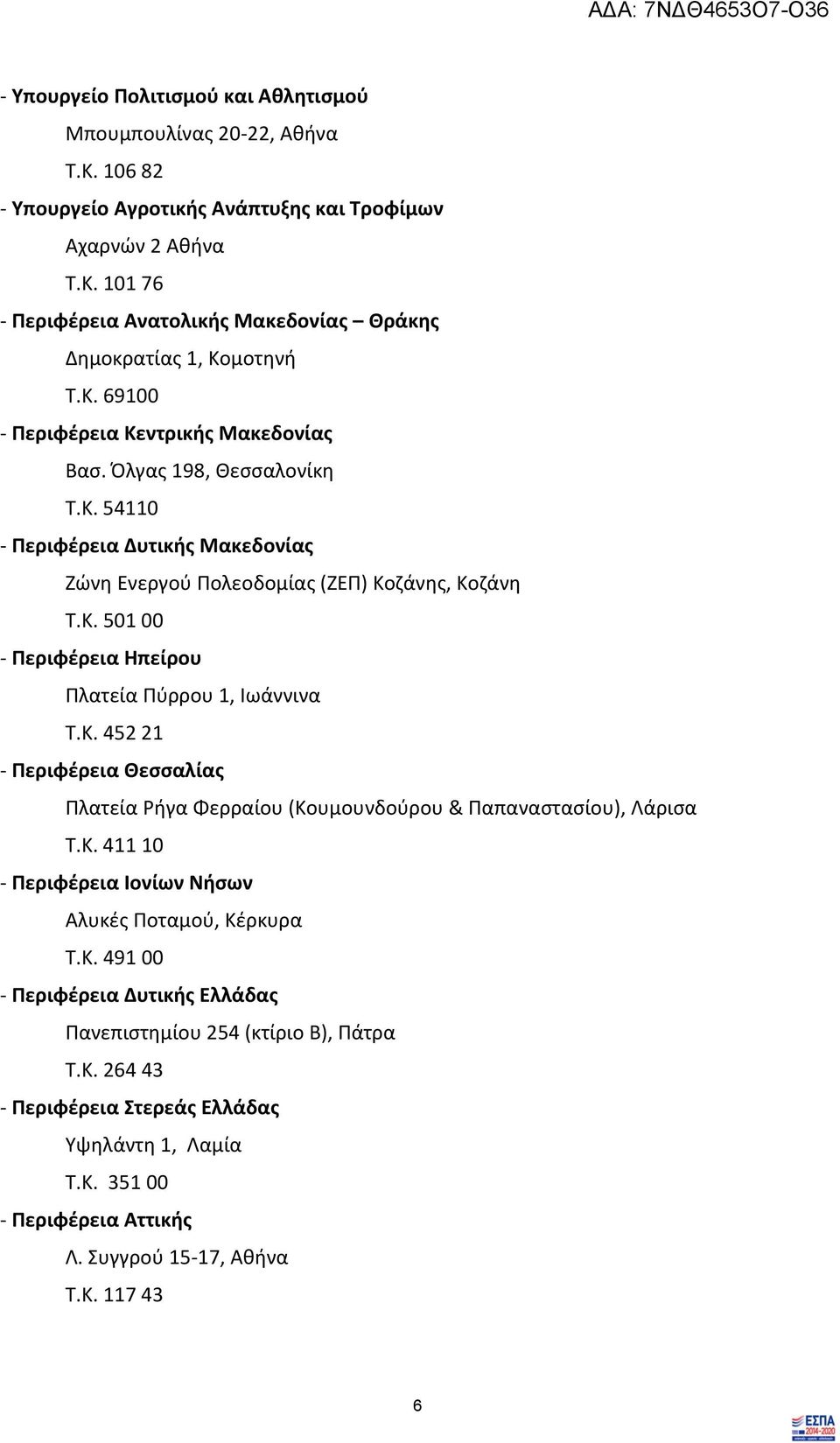 Κ. 452 21 - Περιφέρεια Θεσσαλίας Πλατεία Ρήγα Φερραίου (Κουμουνδούρου & Παπαναστασίου), Λάρισα Τ.Κ. 411 10 - Περιφέρεια Ιονίων Νήσων Αλυκές Ποταμού, Κέρκυρα Τ.Κ. 491 00 - Περιφέρεια Δυτικής Ελλάδας Πανεπιστημίου 254 (κτίριο Β), Πάτρα Τ.