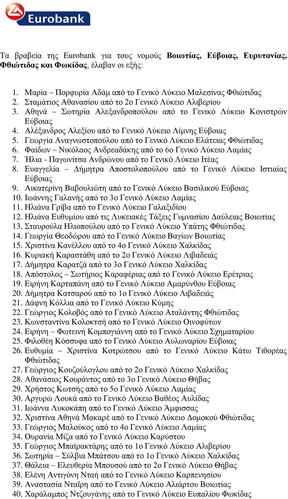 Γεωργία Αναγνωστοπούλου από το Γενικό Λύκειο Ελάτειας Φθιώτιδας 6. Φαίδων Νικόλαος Ανδρεαδάκης από το 6ο Γενικό Λύκειο Λαμίας 7. Ήλια - Παγωνίτσα Ανδρώνου από το Γενικό Λύκειο Ιτέας 8.