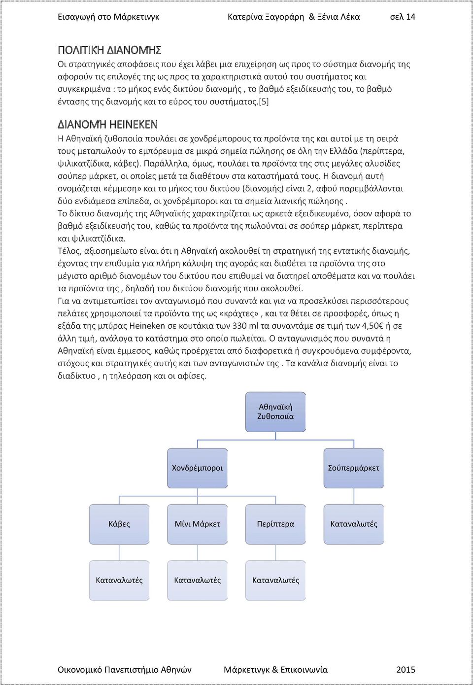 [5] ΔΙΑΝΟΜΉ HEINEKEN Η Αθηναϊκή ζυθοποιία πουλάει σε χονδρέμπορους τα προϊόντα της και αυτοί με τη σειρά τους μεταπωλούν το εμπόρευμα σε μικρά σημεία πώλησης σε όλη την Ελλάδα (περίπτερα,