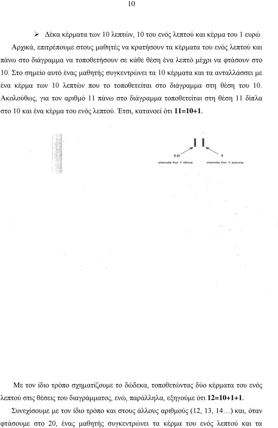 Ακολούθως, για τον αριθμό 11 πάνω στο διάγραμμα τοποθετείται στη θέση 11 δίπλα στο 10 και ένα κέρμα του ενός λεπτού. Έτσι, κατανοεί ότι 11=10+1.