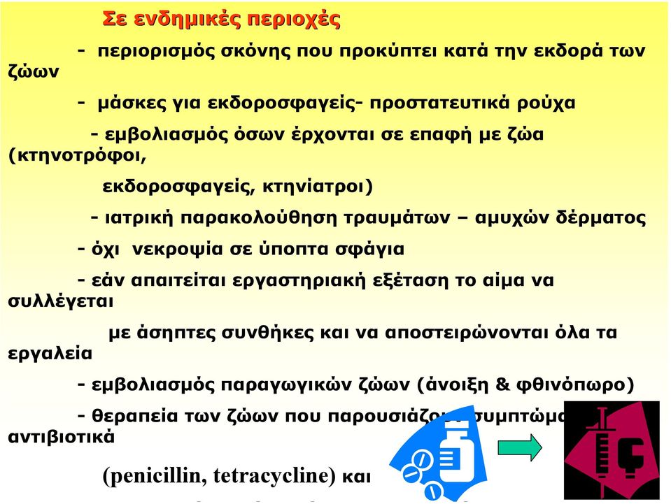 νεκροψία σε ύποπτα σφάγια - εάν απαιτείται εργαστηριακή εξέταση το αίµα να συλλέγεται εργαλεία µε άσηπτες συνθήκες και να αποστειρώνονται