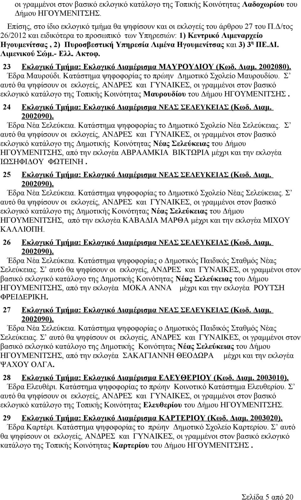 23 Εκλογικό Τμήμα: Εκλογικό Διαμέρισμα ΜΑΥΡΟΥΔΙΟΥ (Κωδ. Διαμ. 2002080). Έδρα Μαυρούδι. Κατάστημα ψηφοφορίας το πρώην Δημοτικό Σχολείο Μαυρουδίου.