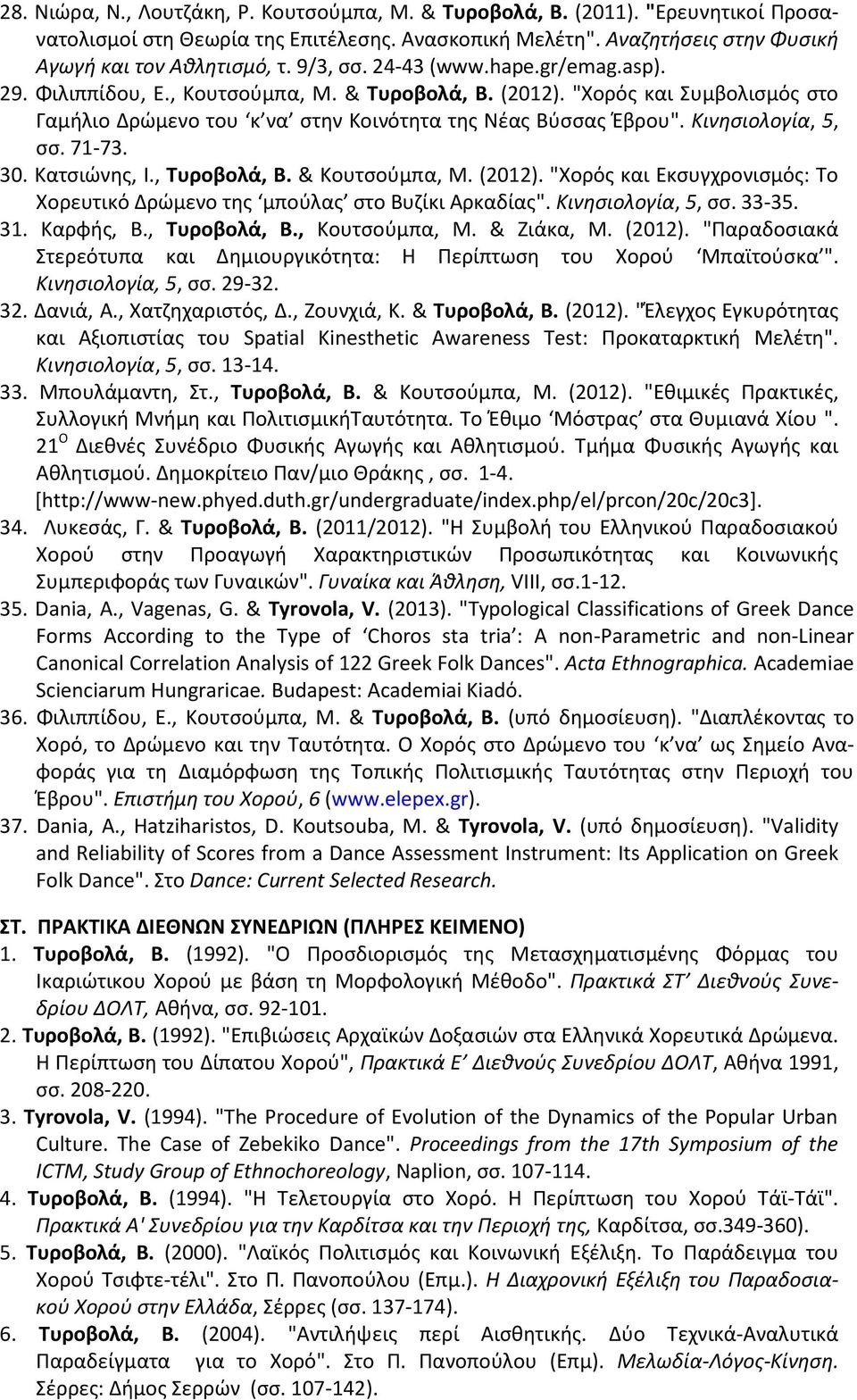 Κινησιολογία, 5, σσ. 71-73. 30. Κατσιώνης, Ι., Τυροβολά, Β. & Κουτσούμπα, Μ. (2012). "Χορός και Εκσυγχρονισμός: Το Χορευτικό Δρώμενο της μπούλας στο Βυζίκι Αρκαδίας". Κινησιολογία, 5, σσ. 33-35. 31.