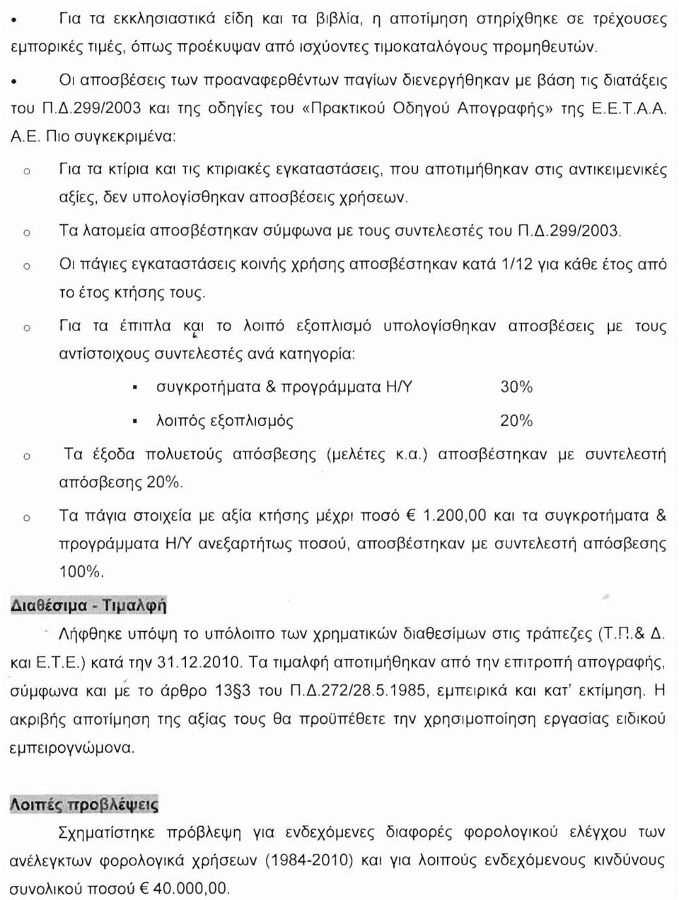 Ε.Τ.Α.Α. Α. Ε. Πιο συγκεκριμένα: ο Για τα κτίρια και τις κτιριακές εγκαταστάσεις, που αποτιμήθηκαν στις αντικειμενικές αξίες, δεν υπολογίσθηκαν αποσβέσεις χρήσεων.