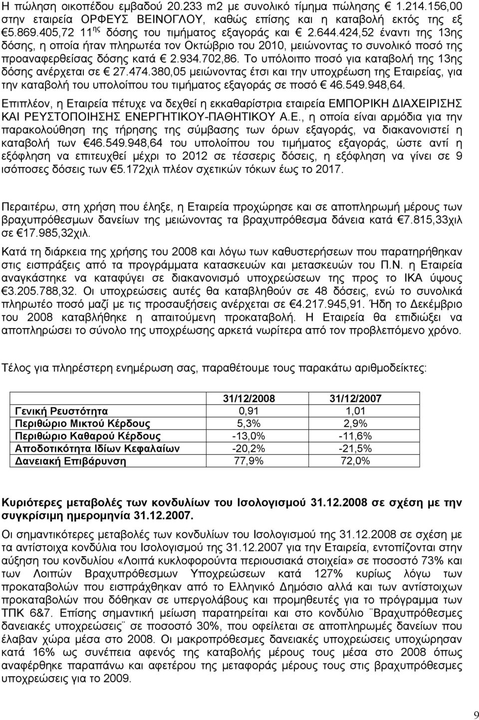 Το υπόλοιπο ποσό για καταβολή της 13ης δόσης ανέρχεται σε 27.474.380,05 μειώνοντας έτσι και την υποχρέωση της Εταιρείας, για την καταβολή του υπολοίπου του τιμήματος εξαγοράς σε ποσό 46.549.948,64.