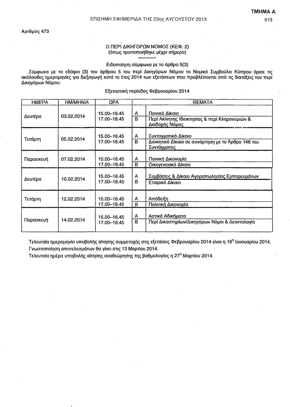 διεξαγωγή κατά το έτος 2014 των εξετάσεων που προβλέπονται από τις διατάξεις του περί Δικηγόρων Νόμου: Εξεταστική περίοδος Φεβρουαρίου 2014 ΗΜΕΡΑ ΗΜ/ΜΗΝΙΑ ΩΡΑ ΘΕΜΑΤΑ Δευτέρα 03.02.