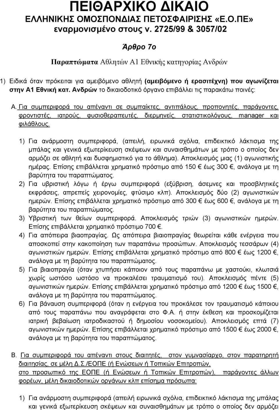 Ανδρών το δικαιοδοτικό όργανο επιβάλλει τις παρακάτω ποινές: Α.