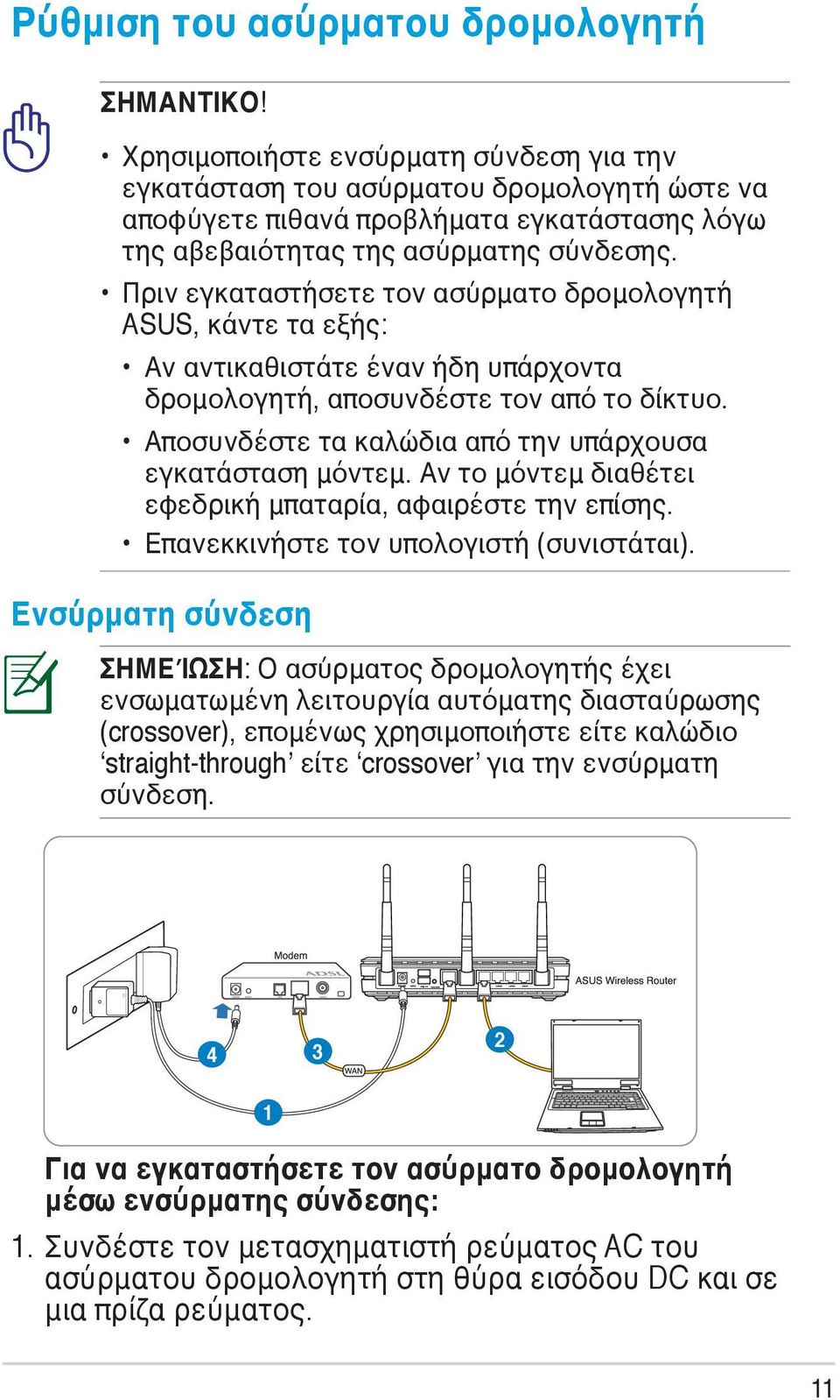 Πριν εγκαταστήσετε τον ασύρματο δρομολογητή ASUS, κάντε τα εξής: Αν αντικαθιστάτε έναν ήδη υπάρχοντα δρομολογητή, αποσυνδέστε τον από το δίκτυο.