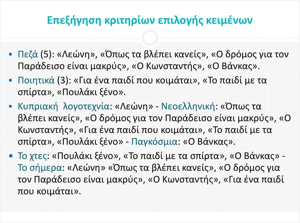 Κυπριακι λογοτεχνία: «Λεϊνθ» - Νεοελλθνικι: «Όπωσ τα βλζπει κανείσ», «Ο δρόμοσ για τον Παράδειςο είναι μακρφσ», «Ο Κωνςταντισ», «Για ζνα παιδί που κοιμάται», «Σο