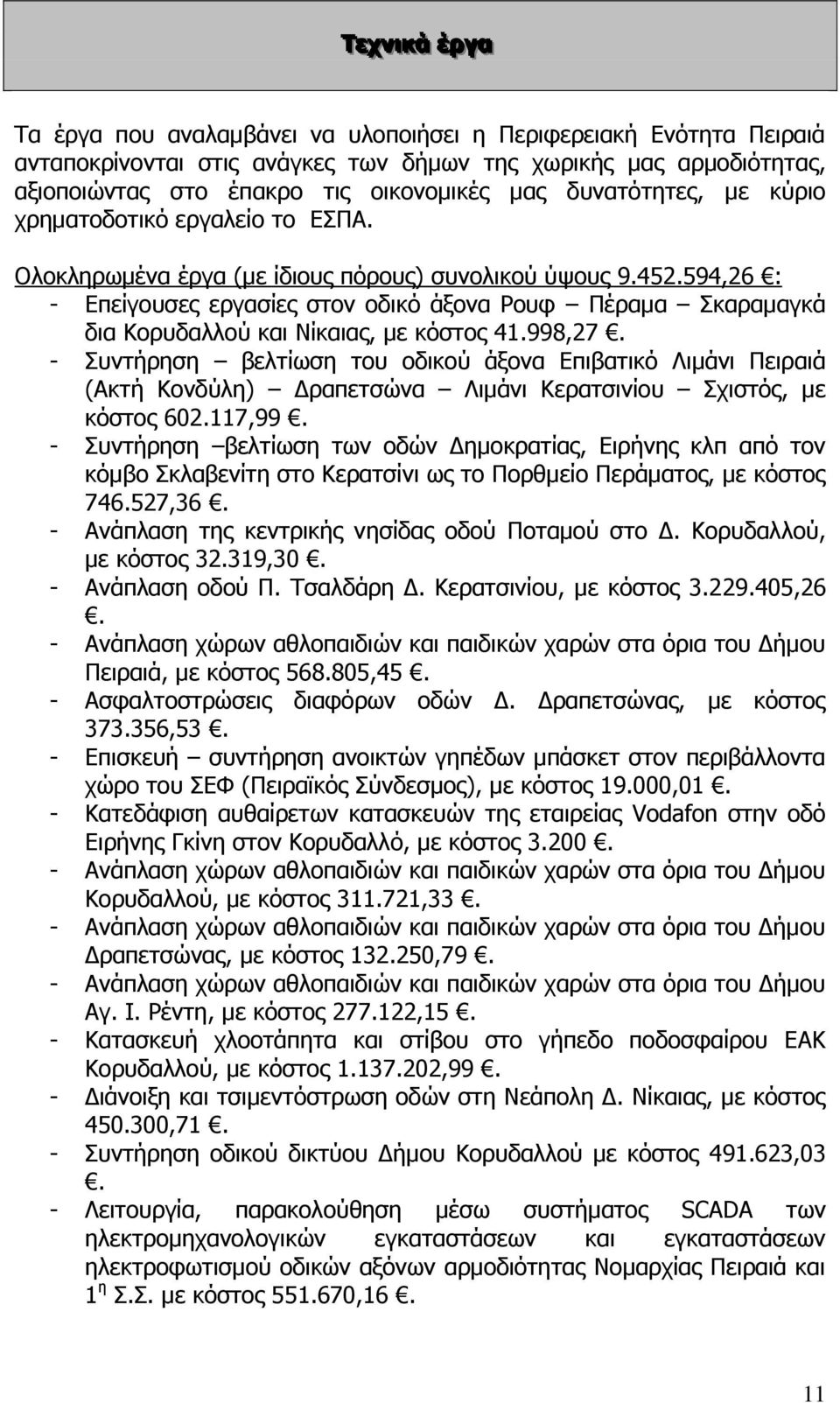 594,26 : - Επείγουσες εργασίες στον οδικό άξονα Ρουφ Πέραμα Σκαραμαγκά δια Κορυδαλλού και Νίκαιας, με κόστος 41.998,27.