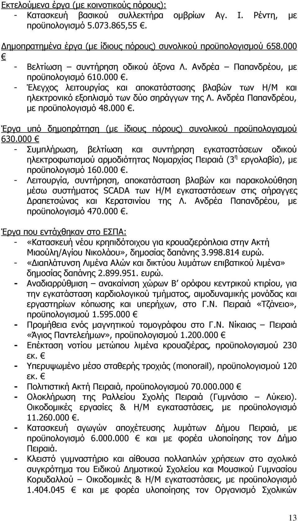 Ανδρέα Παπανδρέου, με προϋπολογισμό 48.000. Έργα υπό δημοπράτηση (με ίδιους πόρους) συνολικού προϋπολογισμού 630.