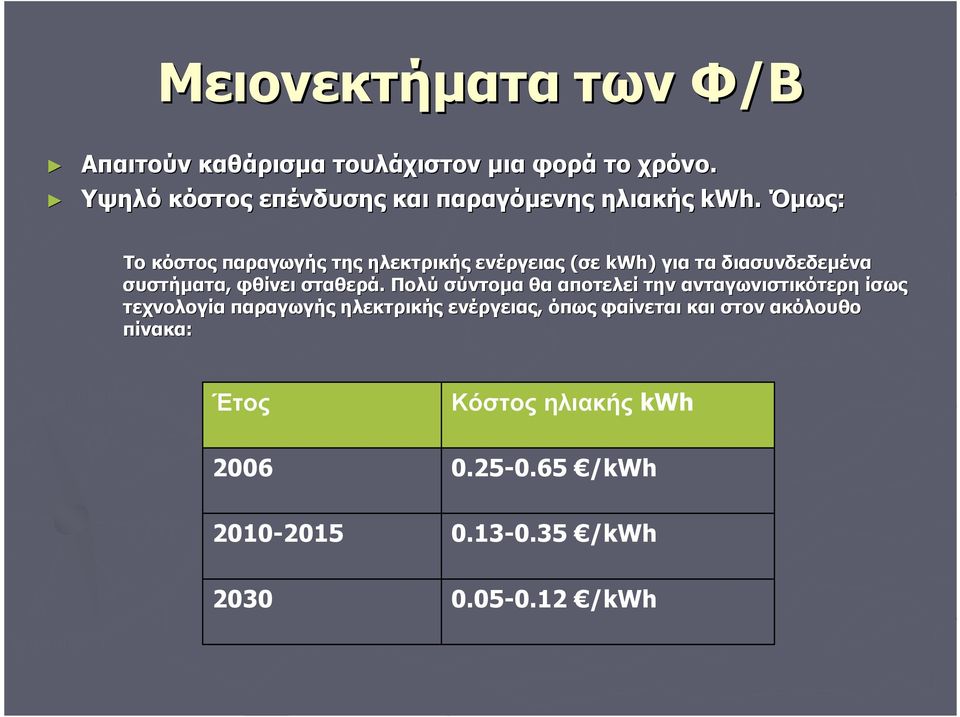 Όμως: Το κόστος παραγωγής της ηλεκτρικής ενέργειας (σε kwh) για τα διασυνδεδεμένα συστήματα, φθίνει σταθερά.