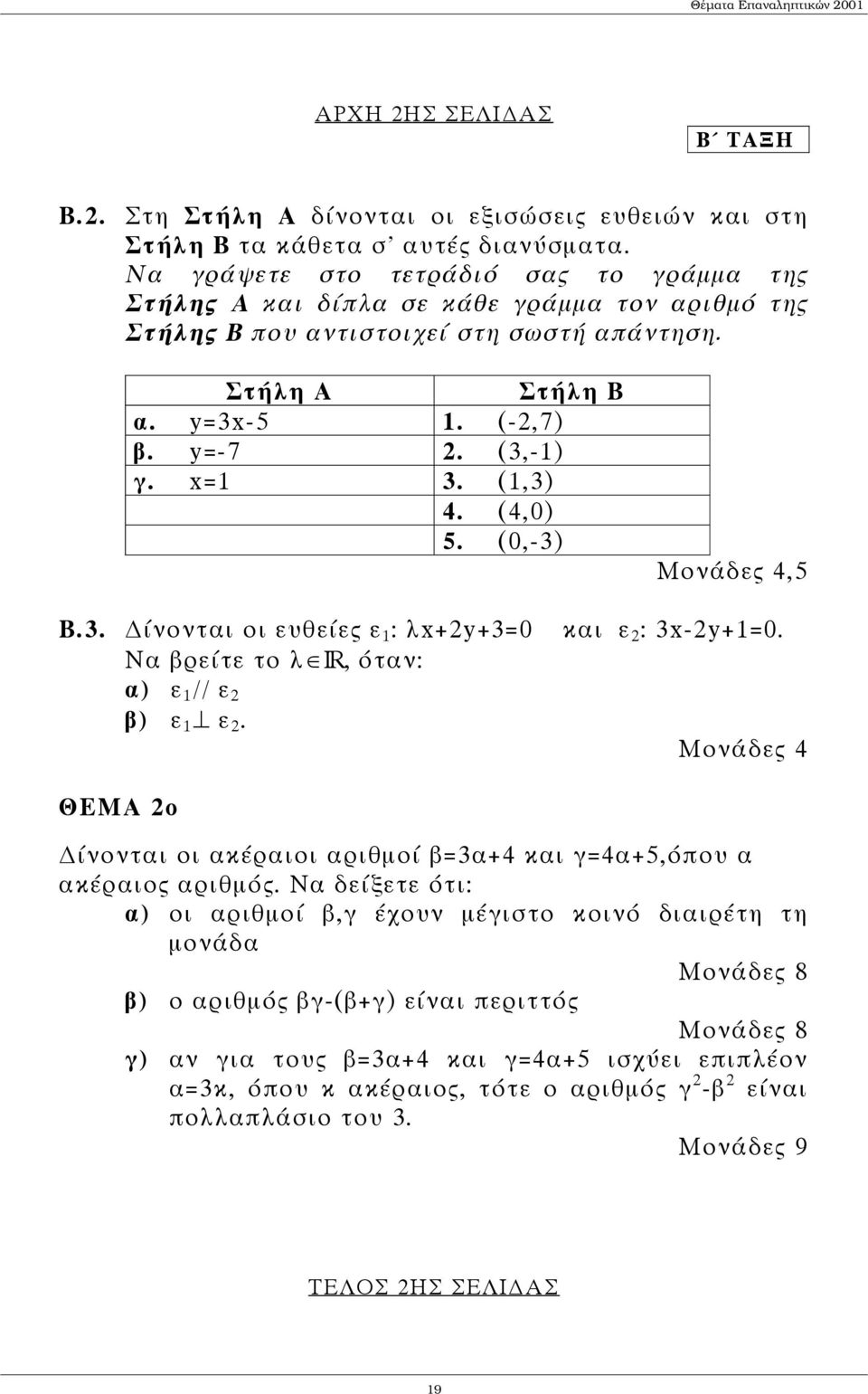 (1,3) 4. (4,0) 5. (0,-3) Μονάδες 4,5 Β.3. ίνονται οι ευθείες ε 1 : λx+y+3=0 Να βρείτε το λ ΙR, όταν: α) ε 1 // ε β) ε 1 ε. και ε : 3x-y+1=0.