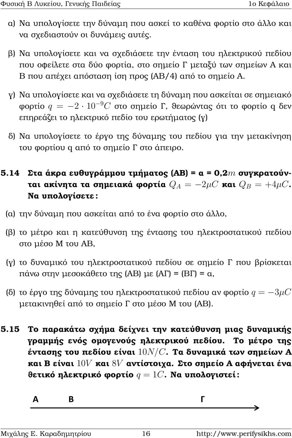 γ) Να υπολογίσετε και να σχεδιάσετε τη δύναµη που ασκείται σε σηµειακό ϕορτίο = 2 10 9 C στο σηµείο Γ, ϑεωρώντας ότι το ϕορτίο δεν επηρεάζει το εκτρικό πεδίο του ερωτήµατος (γ) δ) Να υπολογίσετε το