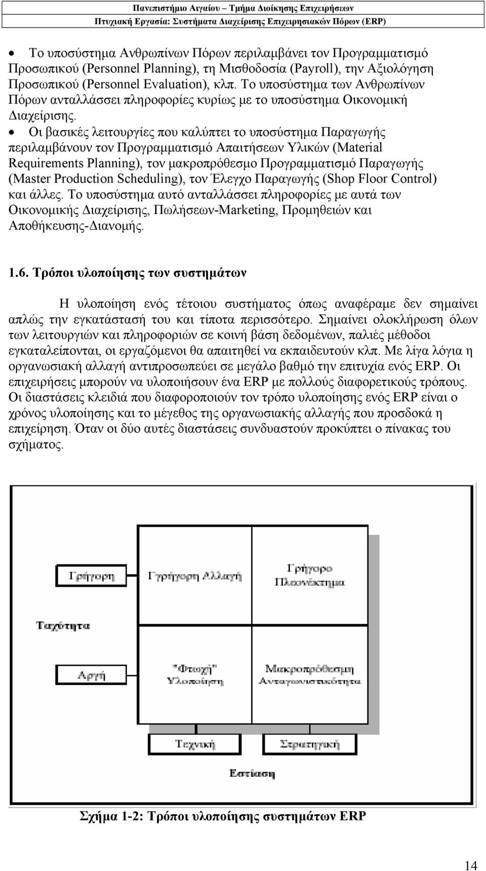 Οι βασικές λειτουργίες που καλύπτει το υποσύστημα Παραγωγής περιλαμβάνουν τον Προγραμματισμό Απαιτήσεων Υλικών (Material Requirements Planning), τον μακροπρόθεσμο Προγραμματισμό Παραγωγής (Master