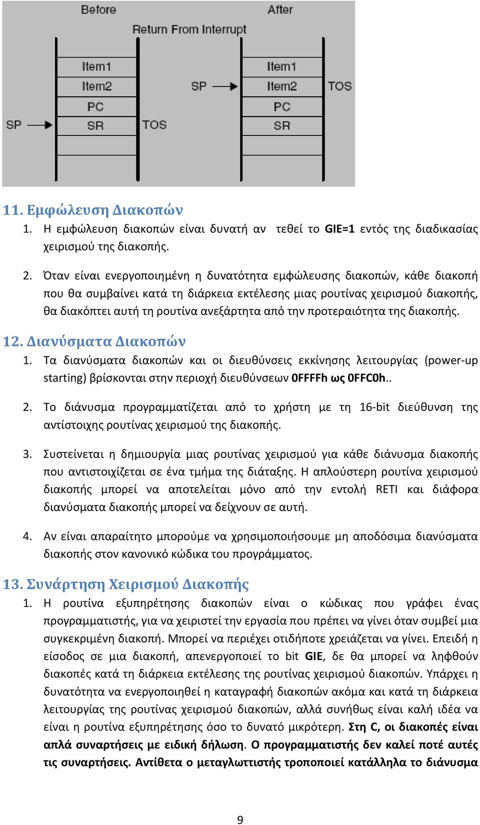 προτεραιότητα της διακοπής. 12. Διανύσματα Διακοπών 1. Τα διανύσματα διακοπών και οι διευθύνσεις εκκίνησης λειτουργίας (power up starting) βρίσκονται στην περιοχή διευθύνσεων 0FFFFh ως 0FFC0h.. 2.